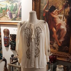 Elie Tahari Elegant Cream Blouse with Brown Embroidery